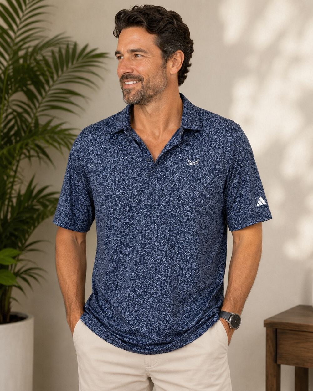 Adidas Golf Polo Shirt Large Blue Micro Print Performance Stretch Athletic